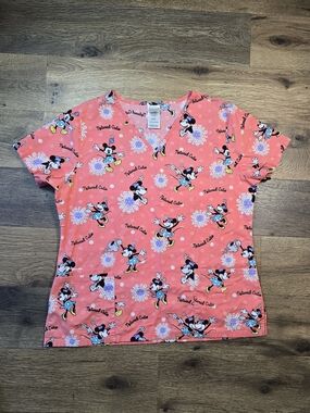 Disney Coral Pink Minnie Mouse Print Short Sleeve V-Neck Nurse Scrub Top